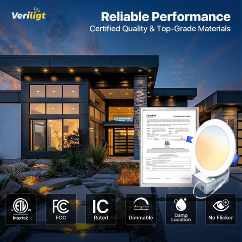 12 Pack Slim Six Inch LED Recessed Lights, Hella Bright Low Profile Wafer Ceiling Downlights With Junction Box, Five CCT Choices And Fully Adjustable For Living Or Bath, Solid Snap Into Place Design