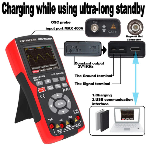 2 In 1 Oscilloscope Multimeter With 2.8 Inch IPS Display 9999 Counts 10MHz Bandwidth 48MSa Per Sec Real Time Sampling Input Range Up To 400V Ohm Volt Tester Auto Normal Single Trigger Dual Mode For DIY Electronics with connectivity details and charging features