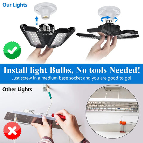 Deformable Five Panel LED Garage Light 120 W 12000 Lumens Bright As Day Shop Ceiling Light For Workshop Basement With E26 E27 Sockets Energy Saving No Flicker 2 Pack