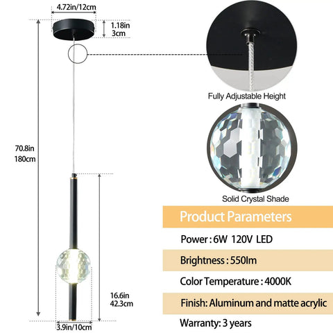 Dimensions and specifications of Black Modern Pendant Light Fixtures Set Of 3 Dimmable LED Mini Pendants With Crystal Accents.