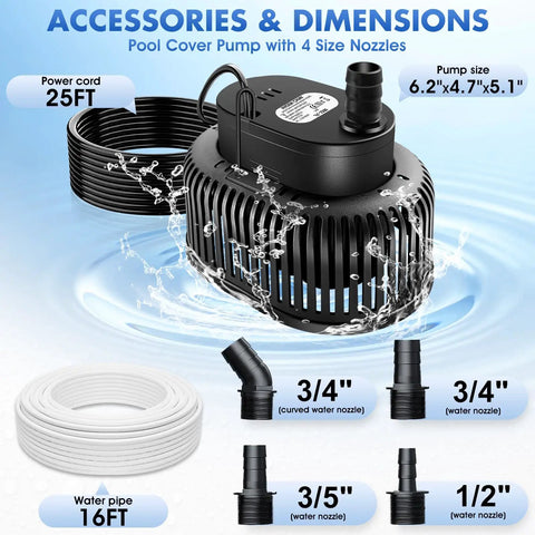 Automatic Pool Cover Pump With Water Sensor For Above Ground Pools, No Fuss Sump Pump For Pool Draining, Water Removal Kit shown