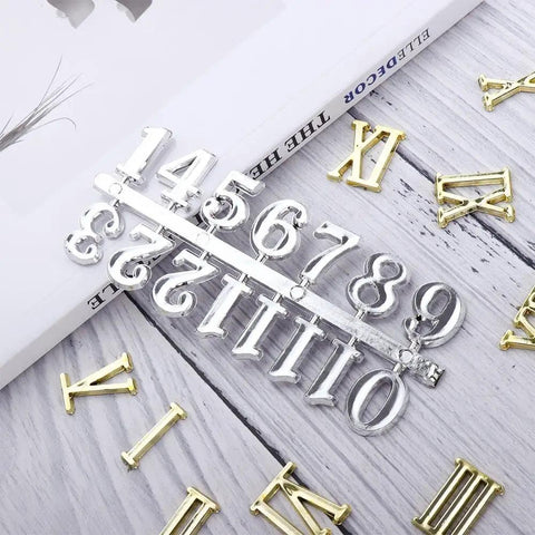 Quartz Clock Numerals Replacement Set not self adhesive for clock repair with Arabic numbers and black Roman numerals in silver.