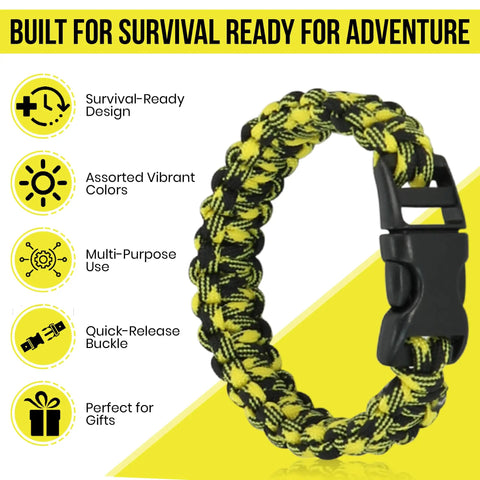 12 Pack Paracord Survival Bracelets With Quick Release Clips in yellow and black pattern for camping and emergency gear