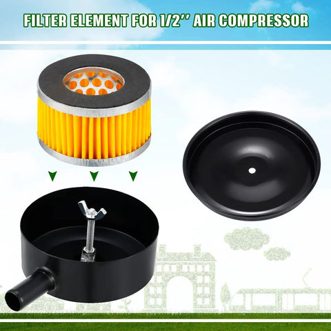 8 Pack Replacement Air Compressor Filter Elements 2.55 Inch Outer Diameter And 1.45 Inch Inner Diameter And 1.59 Inch High For Piston Type Intake Paper Filters Easy Install Pro Grade Built To Last Keeps Your Compressor Breathing Clean showing filter element and components