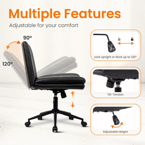 Comfy Cross Leg Chair On Five Wheels For Home Office And Vanity Makeup Setup Armless Swivel Desk Chair with adjustable backrest and height features.