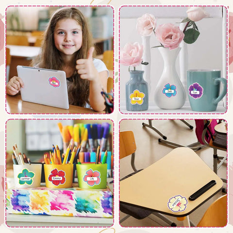 Four images of 90Pcs Hibiscus Flower Name Tag Stickers Set With 9 Dope Styles on tablet, vases, pen holders, and desk in classroom.