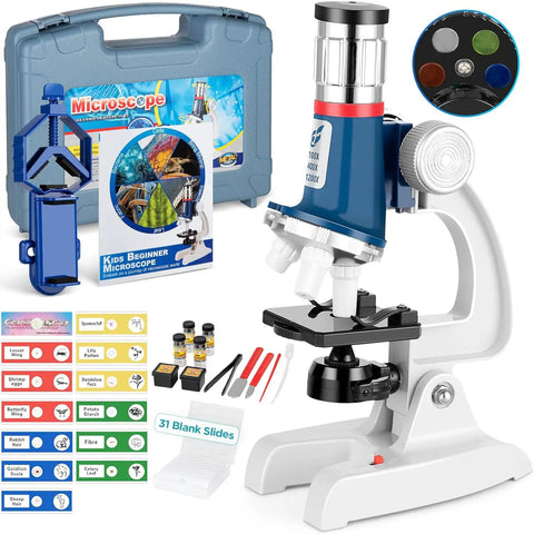 Hands On Kids Microscope Kit With 100X To 1200X Magnification Metal Body LED Light Carrying Case, 58 Piece STEM Science Toy