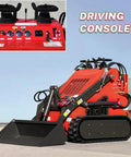 Compact Stand On Crawler Mini Skid Steer Loader with Trencher and 23 HP Gas Engine showing driving console and bucket attachment.