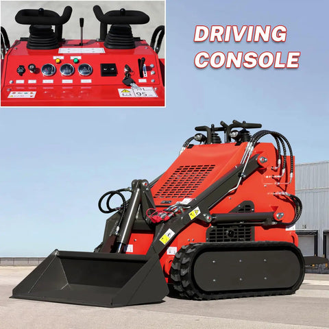 Compact Skid Steer Loader With Fork Attachments And Bucket Attachment And 23 HP Gas Engine Stand On Crawler with driving console