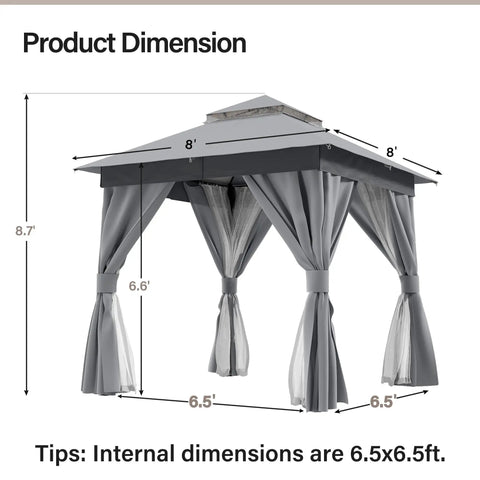 Heavy Duty 8x8 Patio Gazebo For Backyard Hangouts, Double Roof Shelter with Mosquito Netting and Privacy Screens, Gray