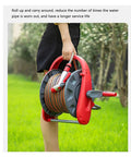 Slick Wall Mounted Garden Hose Reel Holder Featuring Expandable Metal Build And Zero Hassle Watering Cart for easy carrying and watering.