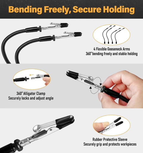 Helping Hands Soldering Station With 5X Magnifying Glass And 4 Flexible Arms Third Hand Soldering Tool close-up of adjustable clamps