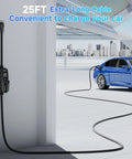 Level 2 EV Charger 40 Amp 9.6kW Lightning Fast Home Charge With 25 Foot Cable NEMA 14 50 Plug connected to blue car