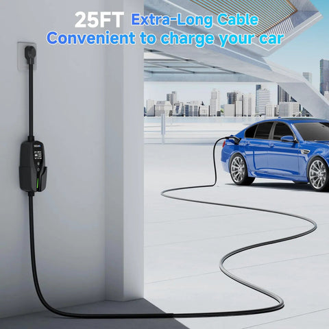 Level 2 EV Charger 40 Amp 9.6kW Lightning Fast Home Charge With 25 Foot Cable NEMA 14 50 Plug connected to blue car