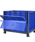 Heavy Duty Collapsible Bulk Container With Easy Access Doors Rock Solid HDPE Storage Tote in blue with foldable front opening.
