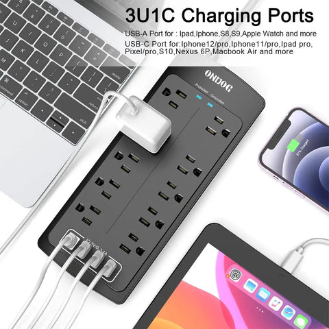 Workhorse Heavy Duty Surge Protector Power Strip With 6 Foot Extension Cord And 10 Outlets Plus 4 USB Ports And USB C Port, 2700 Joules, ETL Listed, Ideal For Home Office Dorm Essentials, Black with charging devices
