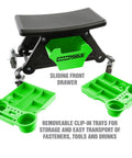 Heavy Duty Rolling Workbench And Creeper Seat For Auto Repair with green clip-in trays for tools, 300 lb capacity, black seat.