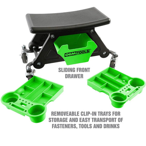 Heavy Duty Rolling Workbench And Creeper Seat For Auto Repair with green clip-in trays for tools, 300 lb capacity, black seat.