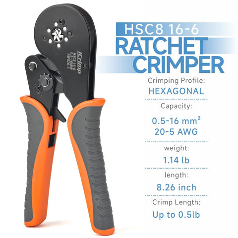 Hexagonal Ratchet Crimp Tool For End Sleeves And Ferrules 0.5-16mm2 AWG 20-5 with orange handles and serrated jaws