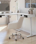 Badass L Shape Standing Desk With Smooth Height Adjustment 72 Inch Wide White And Black Office Workstation in a bright room.