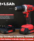 Red and black Powerhouse 21V Max Cordless Drill Driver Kit with dual batteries and fast charger, shown on a wooden table.