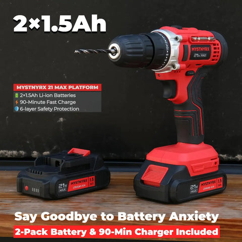 Red and black Powerhouse 21V Max Cordless Drill Driver Kit with dual batteries and fast charger, shown on a wooden table.