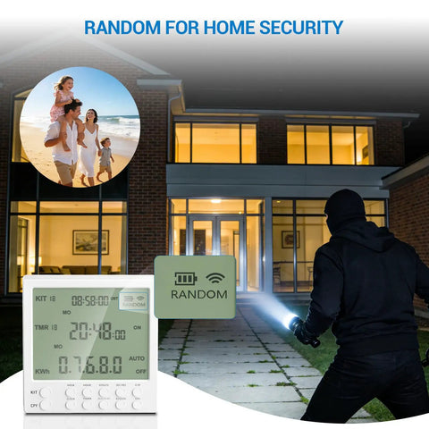 Smart Wireless Timer Outlet Expandable To 19 Plugs Plug And Play Scheduling Live Energy Tracker displayed with night security scene.