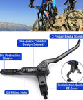 Four Piston Hydraulic Disc Brake Kit for Mountain Bikes and E Bikes with labeled parts and cyclists on rocky trail.