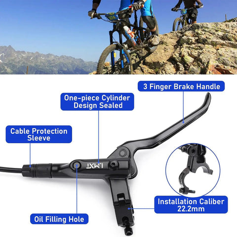 Four Piston Hydraulic Disc Brake Kit for Mountain Bikes and E Bikes with labeled parts and cyclists on rocky trail.