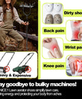 Comparison of lawn aerator shoes with traditional aerators, highlighting benefits like reduced back and wrist pain, dark black design.