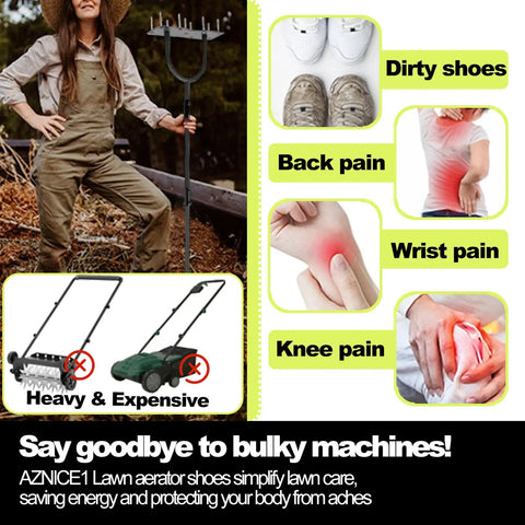 Comparison of lawn aerator shoes with traditional aerators, highlighting benefits like reduced back and wrist pain, dark black design.