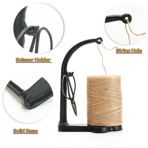 Cast Iron Twine Holder Set With 1300ft Natural Jute Twine, Rope Rack And Scissors, Antique Sewing Machine Style, Black Finish