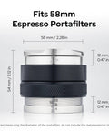 58mm Espresso Tamper And Leveler With Height Indicator, Adjustable Depth Distributor, shown with measurements for portafilters
