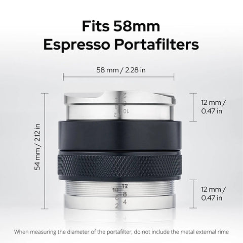 58mm Espresso Tamper And Leveler With Height Indicator, Adjustable Depth Distributor, shown with measurements for portafilters