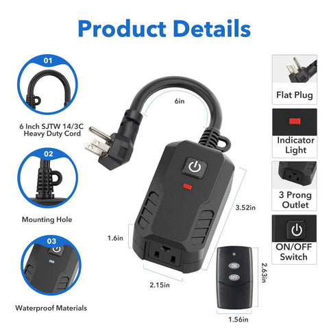 Outdoor Remote Control Outlet Plug Weatherproof Wireless Switch for Patio and Garden, 6 Inch Cord, product details