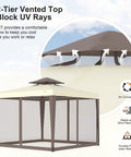 Beige 10x10 Patio Gazebo Tent With Removable Netting Outdoor Canopy Shelter for Garden Backyard Deck And Lawn, view of vented top.