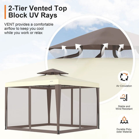 Beige 10x10 Patio Gazebo Tent With Removable Netting Outdoor Canopy Shelter for Garden Backyard Deck And Lawn, view of vented top.