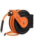 Retractable Air Hose Reel With 3/8 Inch Hybrid Hose, Auto Rewind, Heavy Duty Steel Construction, 300 PSI, Wall Mount, 25 Feet Long, Brass Fittings