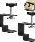 Adjustable Drawer Front Installation Clamps Kit With Rock Solid Bow Construction Dead Simple No Sweat Quick Fit Cabinet Hardware Jig C Clamps For Woodworking Easy Mounting Tool Two Black Pieces showing two black steel clamps for cabinet alignment.