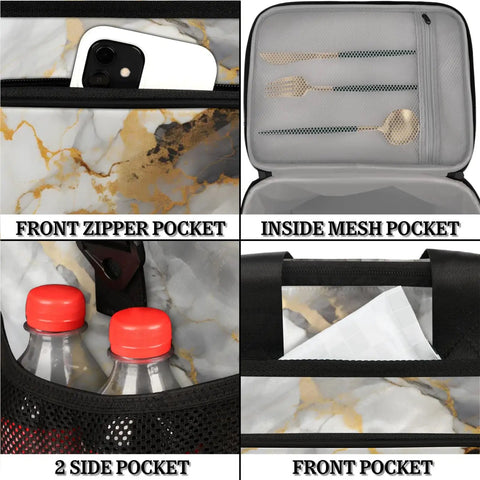 Insulated Picnic Backpack Lunch Bag For Women And Men, Large Portable Cooler Tote, Marble Pattern showing pockets with items
