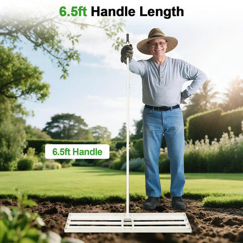 Man using 48 by 12 inch lawn leveling rake with 78 inch adjustable handle in garden, showcasing 6.5 feet handle length.