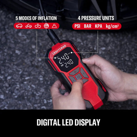 Hassle Free Portable Tire Inflator Cordless Air Compressor 150 Psi with a digital gauge display and modes for various inflations.