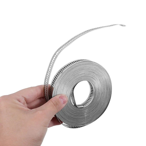Dope Stainless Steel Hose Clamp Roll Kit With Adjustable Worm Drive Bands Cut To Size For Heavy Duty Plumbing And Auto Fixes That Hold Tight Under High Pressure Without Slipping. stainless steel clamp roll in hand