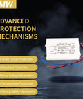 Heavy Duty 12 Volt Dc Power Supply 25 Watt Ac Dc Adapter with protection mechanisms listed on a dark background.