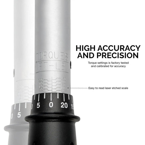 Close-up of Heavy Duty Half Inch Drive Torque Wrench With Adjustable Click 25 Inch Range showing scale and precision markings.