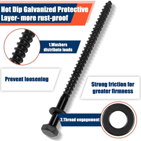 100 Pack 5/16 X 5 Inch Hex Head Lag Bolts For Wood And Ceramic With Black Coated Finish And 100 Washers showing friction details