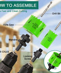 LifeIdeas Bi-Metal hole saw kit: two green hole saws with mandrels, drill chuck, and hardware.