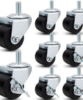 Heavy Duty Two Inch Low Profile Refrigerator Caster Wheels Set Of Eight With Half Inch Thirteen Stems Plus Lock And Roll Swivel Combo For Commercial Fridges, black rubber wheels and metal stems