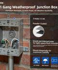 Top Shelf 15 Amp Outdoor GFCI Outlet Self Test Tamper Resistant GFI Black 2 Pack With Lockable Weatherproof In Use Cover And Heavy Duty Metal Box UL Listed 1 gang weatherproof junction box on brick wall.