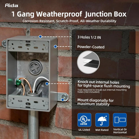 Top Shelf 15 Amp Outdoor GFCI Outlet Self Test Tamper Resistant GFI Black 2 Pack With Lockable Weatherproof In Use Cover And Heavy Duty Metal Box UL Listed 1 gang weatherproof junction box on brick wall.